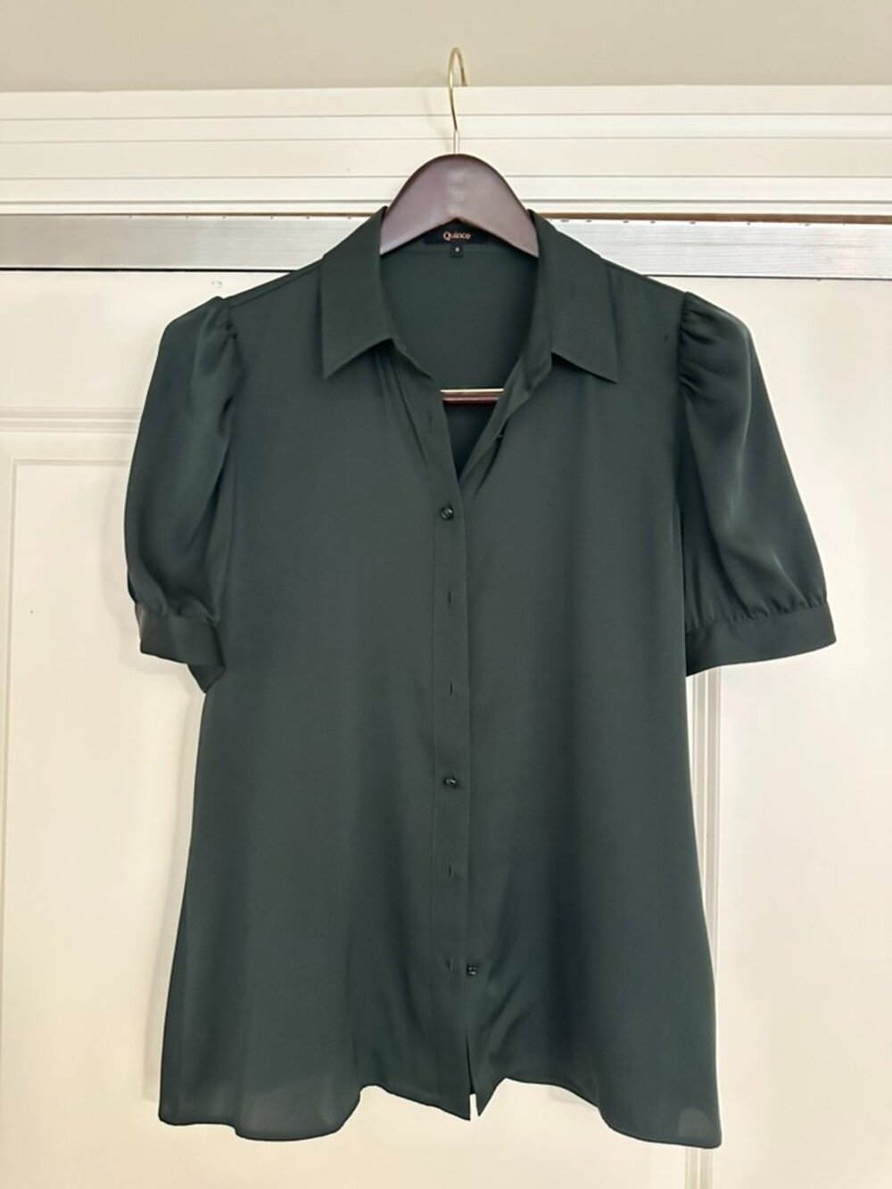 Quince Washable Stretch Silk Puff Sleeve Blouse | Forest Green | Small